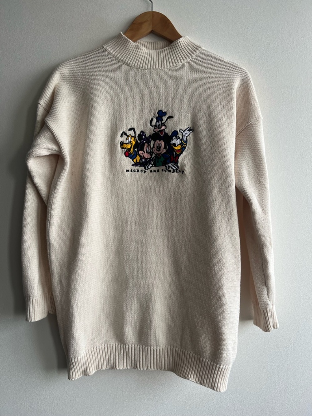 VTG Disney Cotton Knit Sweater Embroidered Mickey Minnie Goofy Donald Sz S